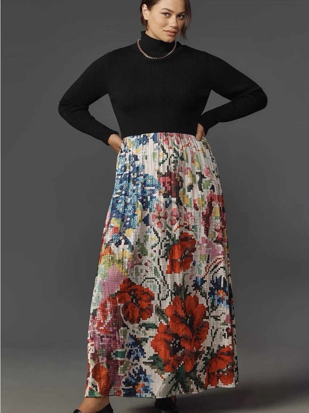 Anthro Anthropologie Kristin Lamb 3X Pleated Floral Maxi Dress Turtleneck Plus